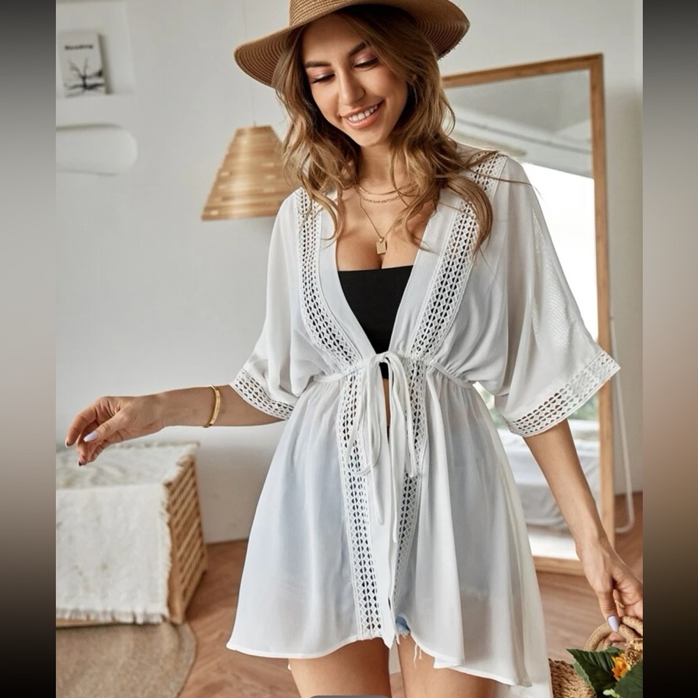 SHEIN Drawstring White Tie Front Kimono